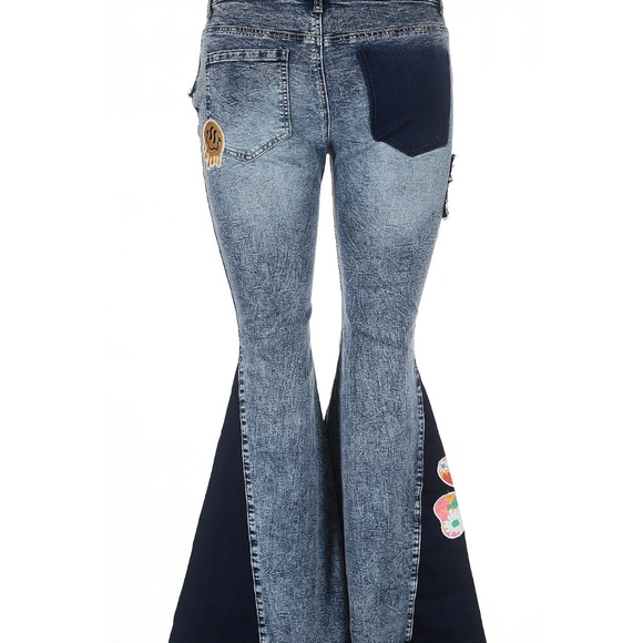 Current Mood Blue Flare Jeans with Eclectic Patchwork - Picture 2 of 3